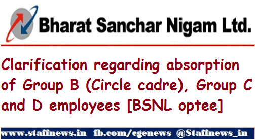 Clarification regarding absorption of Group B (Circle cadre), Group C and D employees [BSNL optee]