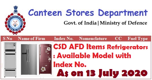 CSD AFD Items Refrigerators : Available Model with Index No. as on 13 July 2020