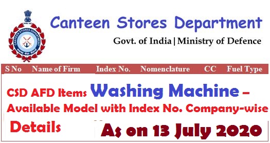 CSD AFD Items Washing Machine – Available Model with Index No. as on 13 July 2020