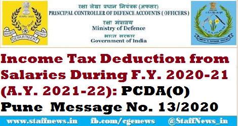 Income Tax Deduction from Salaries During F.Y. 2020-21 (A.Y. 2021-22): PCDA(O) Pune  Message No. 13/2020