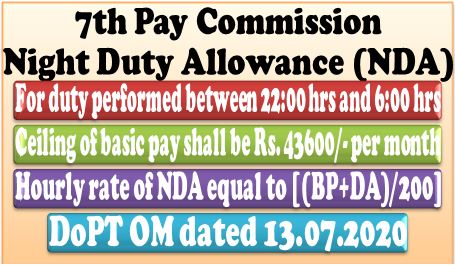 Night Duty Allowance (NDA) in 7th Pay Commission with effect from 1.7.2017: DoPT O.M.