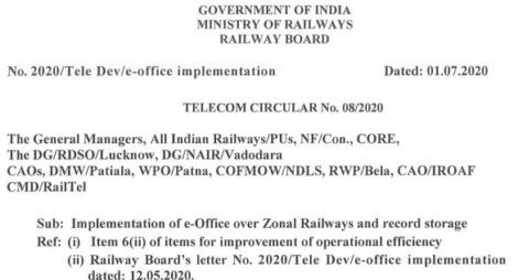 Implementation of e-Office over Zonal Railways and record storage Implementation of e-Office over Zonal Railways and record storage