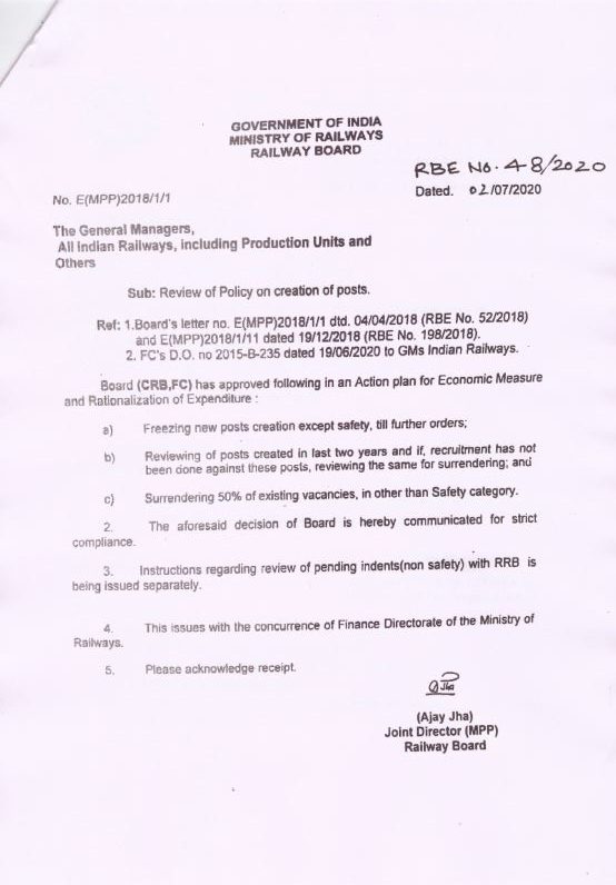 Review of Policy on creation of posts: Railway Board RBE No. 48/2020 Instructions to surrender 50% of existing vacant posts Review of Policy on creation of posts: Railway Board RBE No. 48/2020 Instructions to surrender 50% of existing vacant posts
