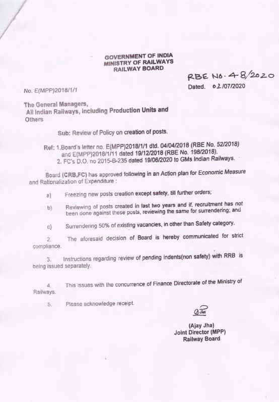 Review of Policy on creation of posts: Railway Board RBE No. 48/2020 Instructions to surrender 50% of existing vacant posts