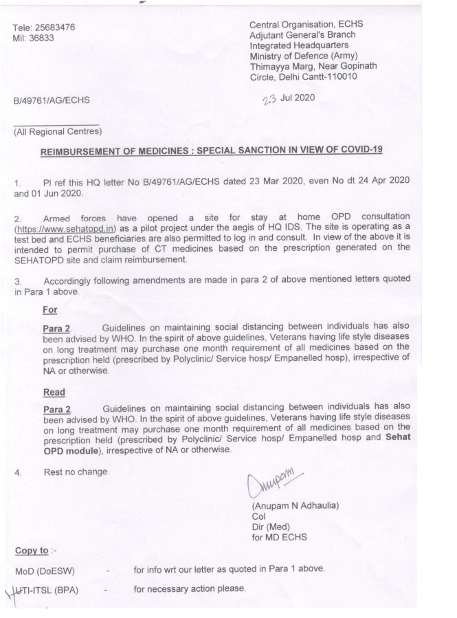 Reimbursement of Medicines – Special Sanction in view of Covid-19: ECHS Beneficiary