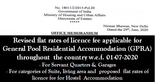 Revision of flat rate of licence fee for General Pool Residential Accommodation (GPRA): Directorate of Estates Order 07.07.2020