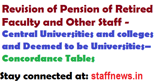 Revision of Pension of Retired Faculty and Other Staff – Central Universities and colleges and Deemed to be Universities– Concordance Tables