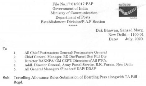 Travelling Allowance Rules – Submission of Boarding Pass alongwith TA Bill: Department of Posts Order