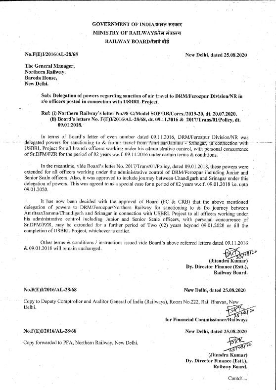 Air Travel: Delegation of powers regarding sanction of air travel to DRM/Ferozpur Division/NR