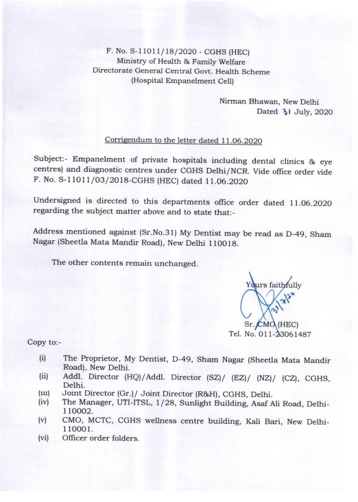 CGHS Empanelment of private hospitals and diagnostic centres under CGHS Delhi-NCR (My Dentist)-31 July 2020: Corrigendum