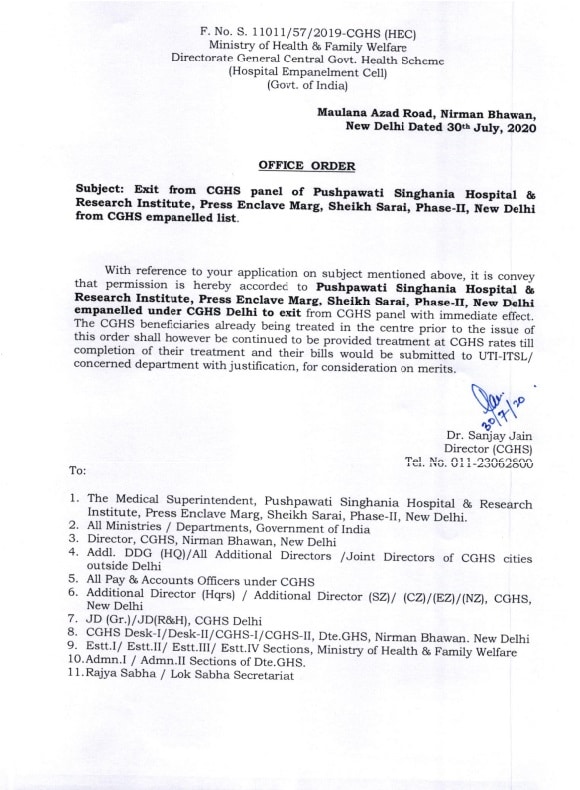 De-empanelment of Pushpawati Singhania Hospital and Research Institute, New Delhi from CGHS (30 July 2020)