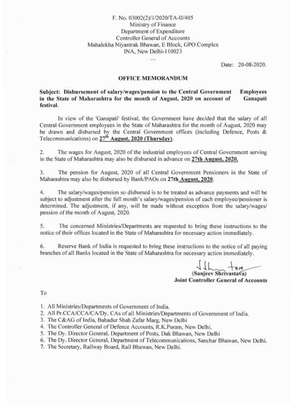 Disbursement of salary/wages/pension on 27th August, 2020 on account of Ganapati festival in the State of Maharashtra