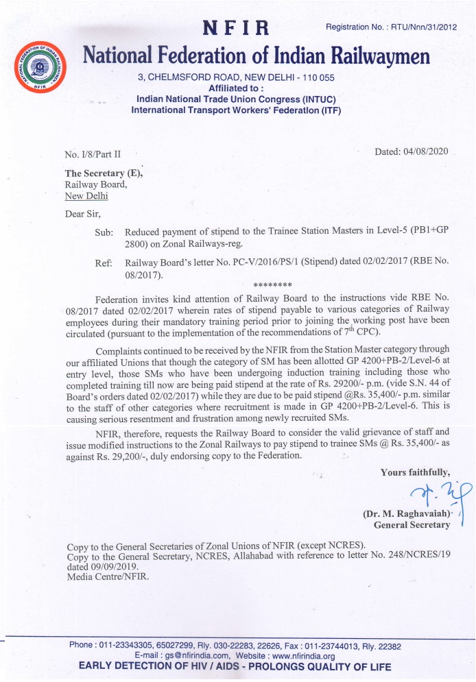 Payment of stipend to the Trainee Station Masters in Level-5 (PB1+GP 2800) on Zonal Railways