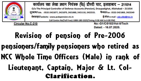 PCDA Circular C-210 Revision of pension of Pre‐2006 Pensioners/family pensioners who retired as NCC Whole Time Officers (Male) in rank of lieutenant, Captain, Major & Lt. Col