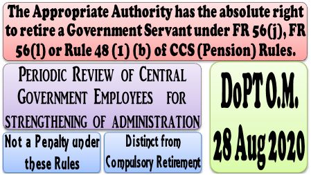 Periodic Review of Central Government Employees for strengthening of administration under FR 56(j), FR 56(l) or Rule 48 (1) (b) of CCS (Pension) Rules: DoPT OM 28-08-2020
