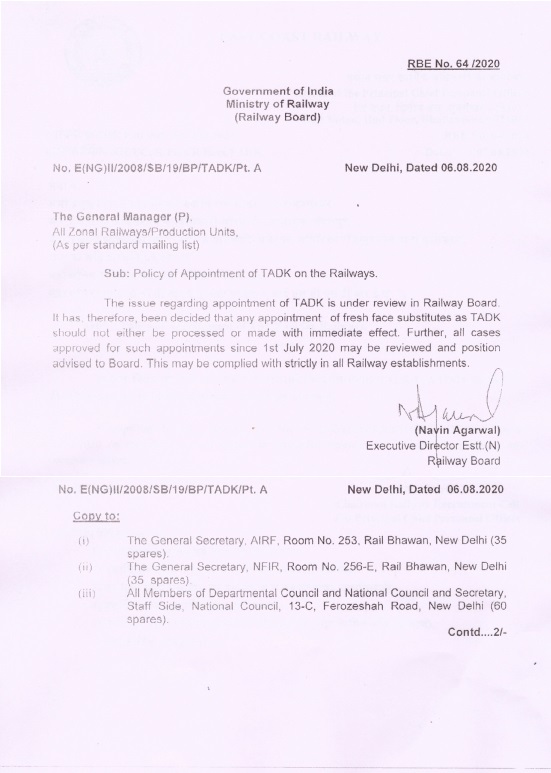 Policy of Appointment of TADK on the Railways: RBE No. 64 /2020