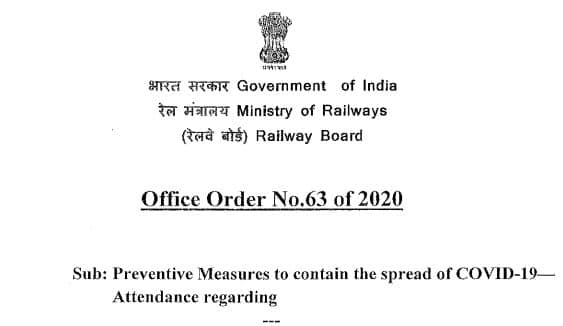 Attendance due to COVID-19 – Staff /officer may be called over and above 50 % of the strength.: Railway Board OO No. 63 of 2020