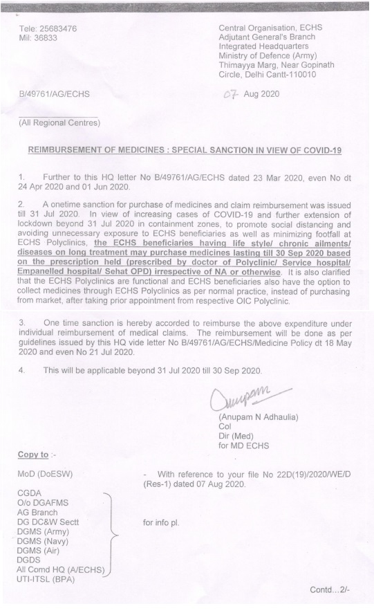 Reimbursement of Medicines: Special Sanction in view of Covid-19 – ECHS
