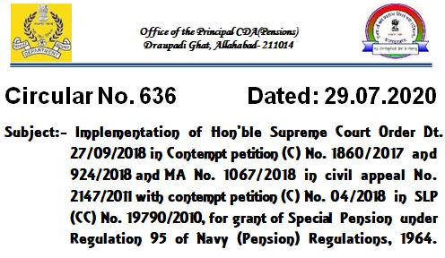 Special Pension under Regulation 95 of Navy (Pension) Regulations, 1964 – Implementation of Supreme Court Order: PCDA Circular No. 636