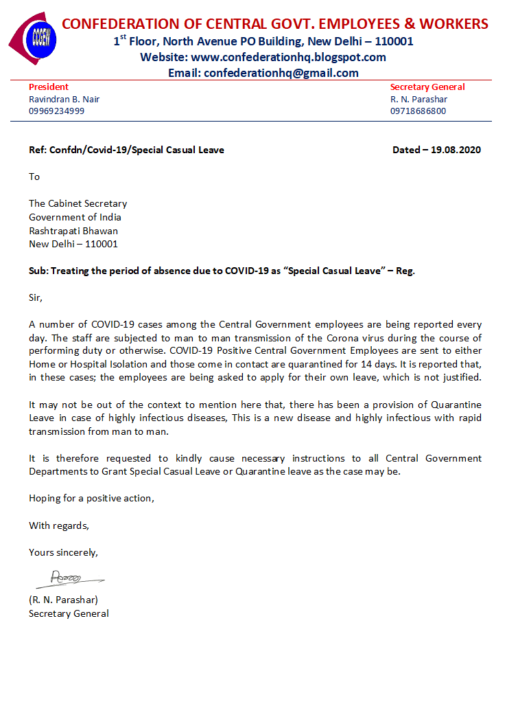 Treating the period of absence due to COVID-19 as “Special Casual Leave” – Confederation writes to Cabinet Secretary