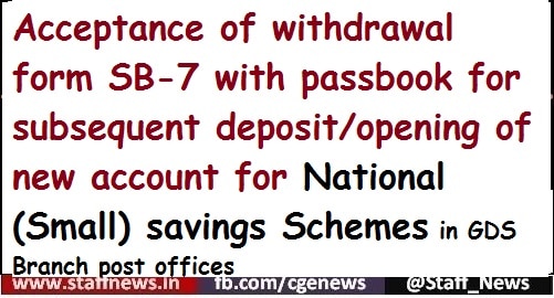 Acceptance of withdrawal form SB-7 with passbook for subsequent deposit/opening of new account for National (Small) savings Schemes in GDS Branch post offices