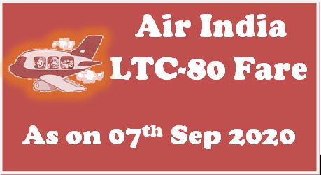 Air India Domestic LTC Fare List September 2020 as on 07.09.2020