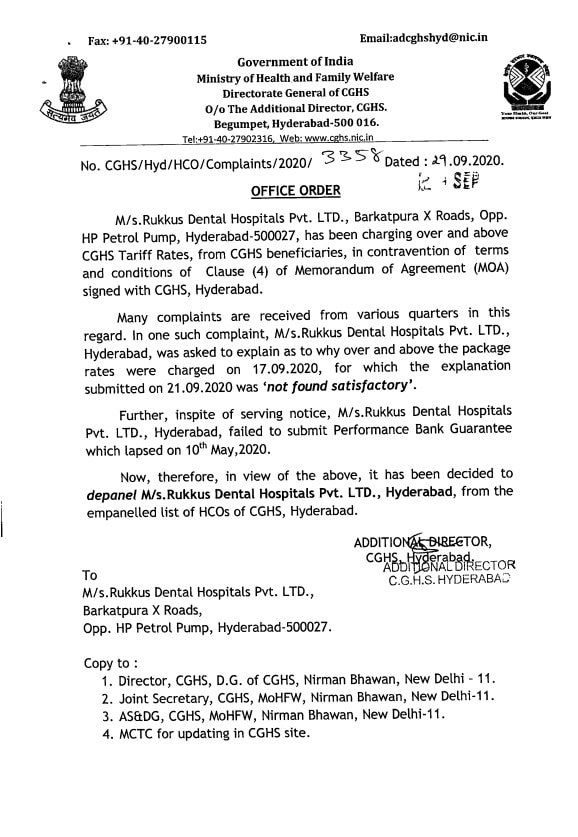 De-empanelment of Rukkus Dental Hospitals from CGHS Hyderabad (29 Sep 2020)
