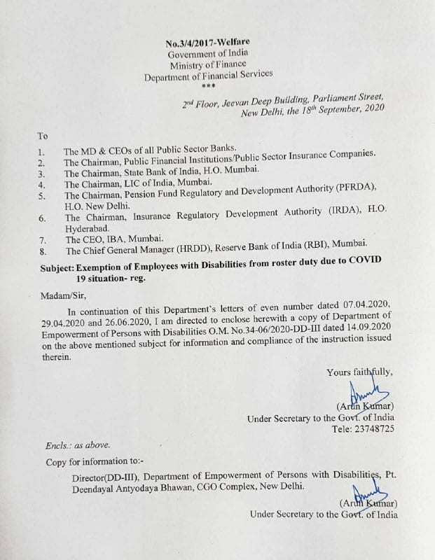 Exemption of employees with disabilities from roaster duty due to COVID19 situation -MoF Order dated 18.09.2020