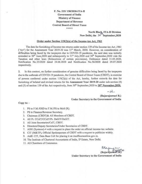 Extension of dates for filing of belated and revised ITRs for the A.Y. 2019-20: CBDT ​Order u/s 119 of the IT Act, 1961