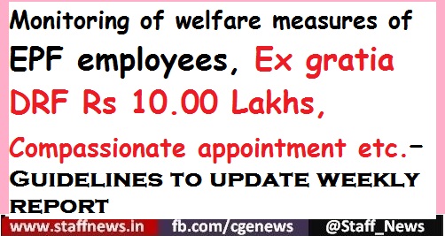 Monitoring of welfare measures of EPF employees, Ex gratia DRF Rs 10.00 Lakhs, Compassionate appointment etc.– Guidelines to update weekly report