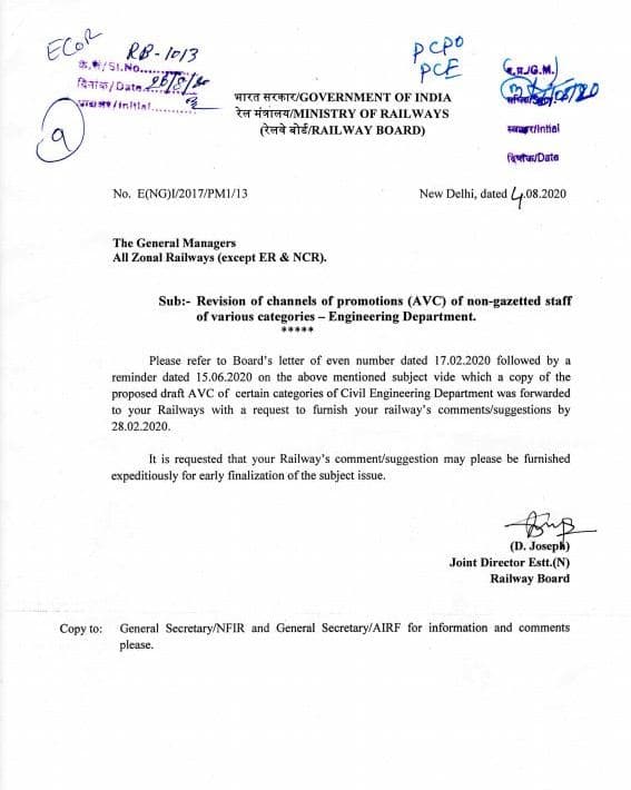 Revision of channels of promotions (AVC) of non-gazetted staff of various categories — Engineering Department: Railway Board Order