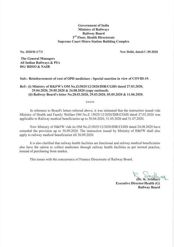 Reimbursement of cost of OPD medicines : Special sanction in view of COVID-19: Railway Board Order