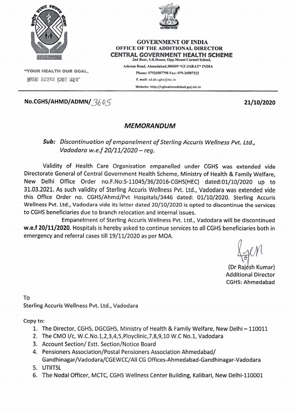 CGHS Ahmedabad: De-empanelment of Sterling Accuris Wellness Pvt Ltd, Vadodara w.e.f 20 Nov 2020