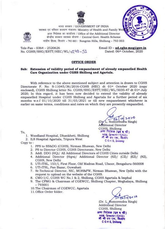 CGHS Shillong and Agartala: Extension of validity period of empanelment of already empanelled Health Care Organization