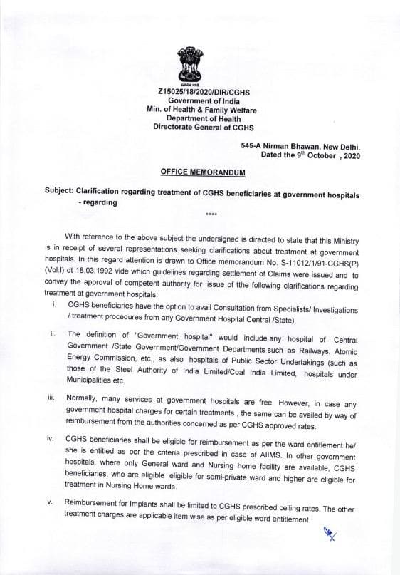 Clarification regarding treatment of CGHS beneficiaries at government hospitals: CGHS OM dated 09.10.2020