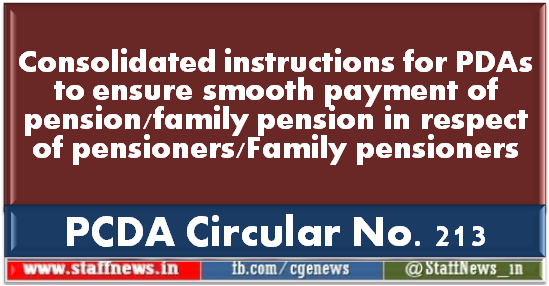 Consolidated instructions for PDAs to ensure smooth payment of pension/family pension in respect of pensioners/Family pensioners: PCDA Circular No. 213