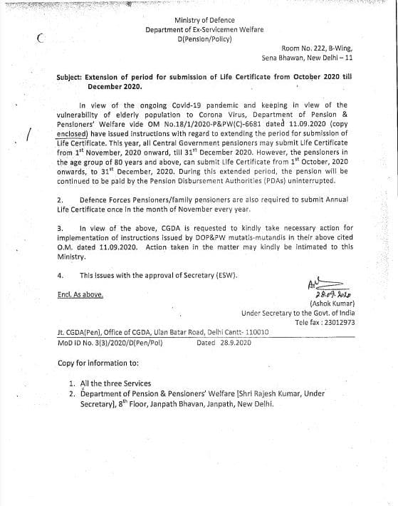Extension of period for submission of Life Certificate from Oct 2020 till Dec 2020: Department of Ex-Servicemen Welfare, MoD Order