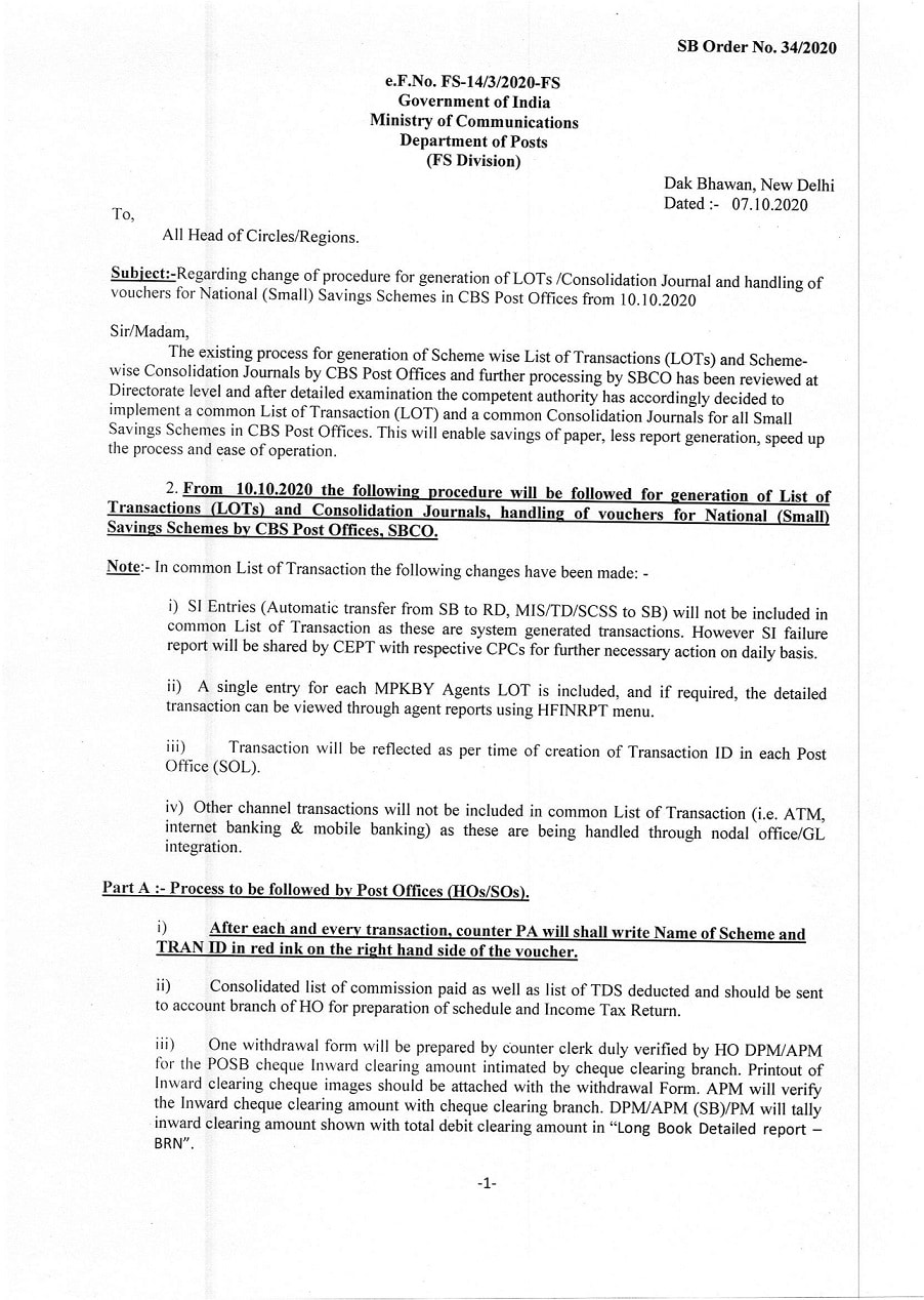 Change of procedure for generation of LOTs /Consolidation Journal and handling of vouchers for NSS in CBS Post Offices from 10.10.2020: SB Order No. 34/2020
