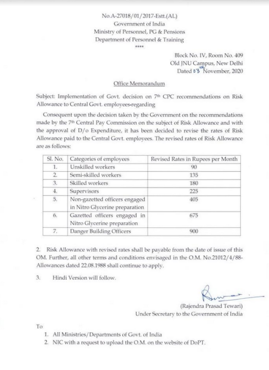 7th Central Pay Commission Risk Allowance to Central Govt. Employees DoPT Order Dt 3 Nov 2020