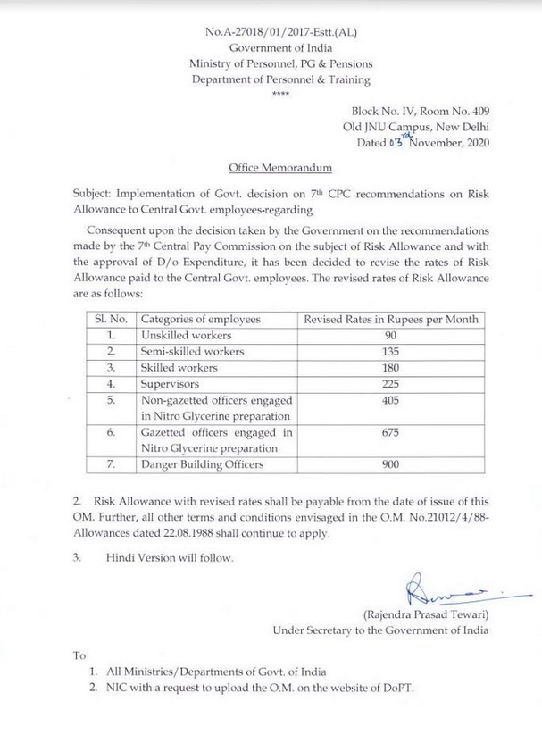 7th Central Pay Commission Risk Allowance to Central Govt. Employees – DoPT Order Dt 3 Nov 2020