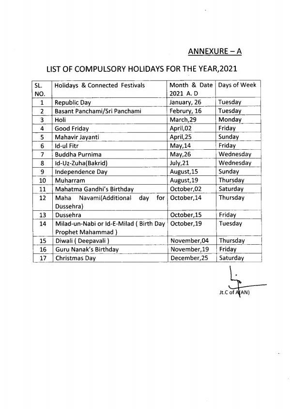 CGEWCC Kolkata – List of Compulsory & Restricted Holidays 2021: PCA (FYS)