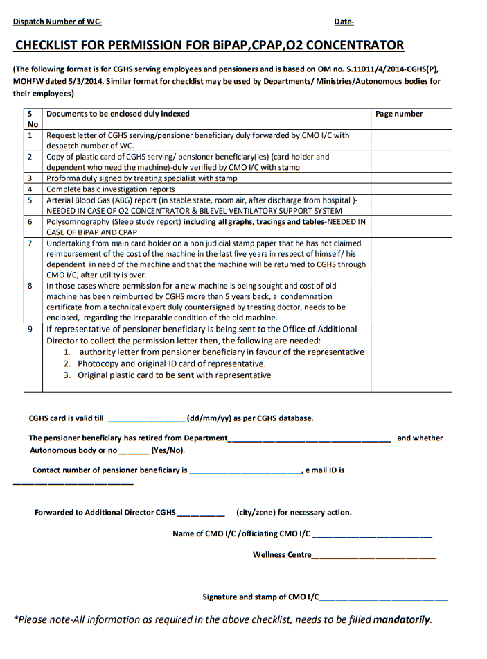 Checklist For Issue of Permission for BiPAP, CPAP, 02 CONCENTRATOR for CGHS serving employees and pensioners