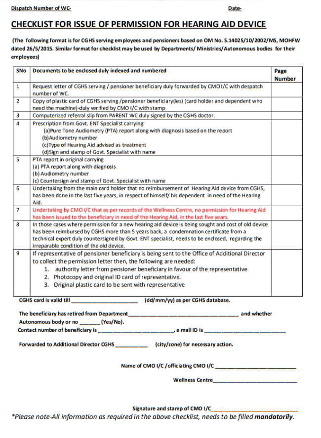 Checklist For Issue of Permission for Hearing AID Device for CGHS