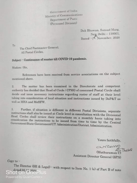 Continuance of roaster till COVID-19 pandemic: Department of posts Order dtd. 19th Nov 2020