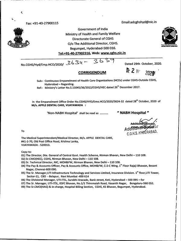 CGHS Hyderabad Corridendum: Continuous Empanelment of M/s. APPLE DENTAL CARE, VIJAYAWADA