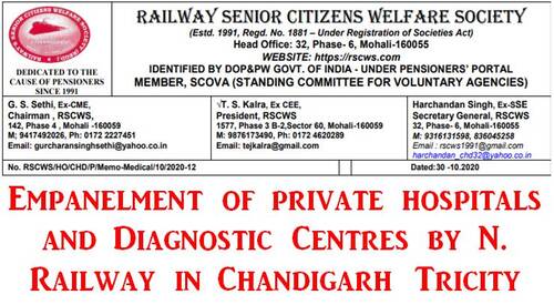 Empanelment of private hospitals and Diagnostic Centres by N. Railway in Chandigarh Tricity