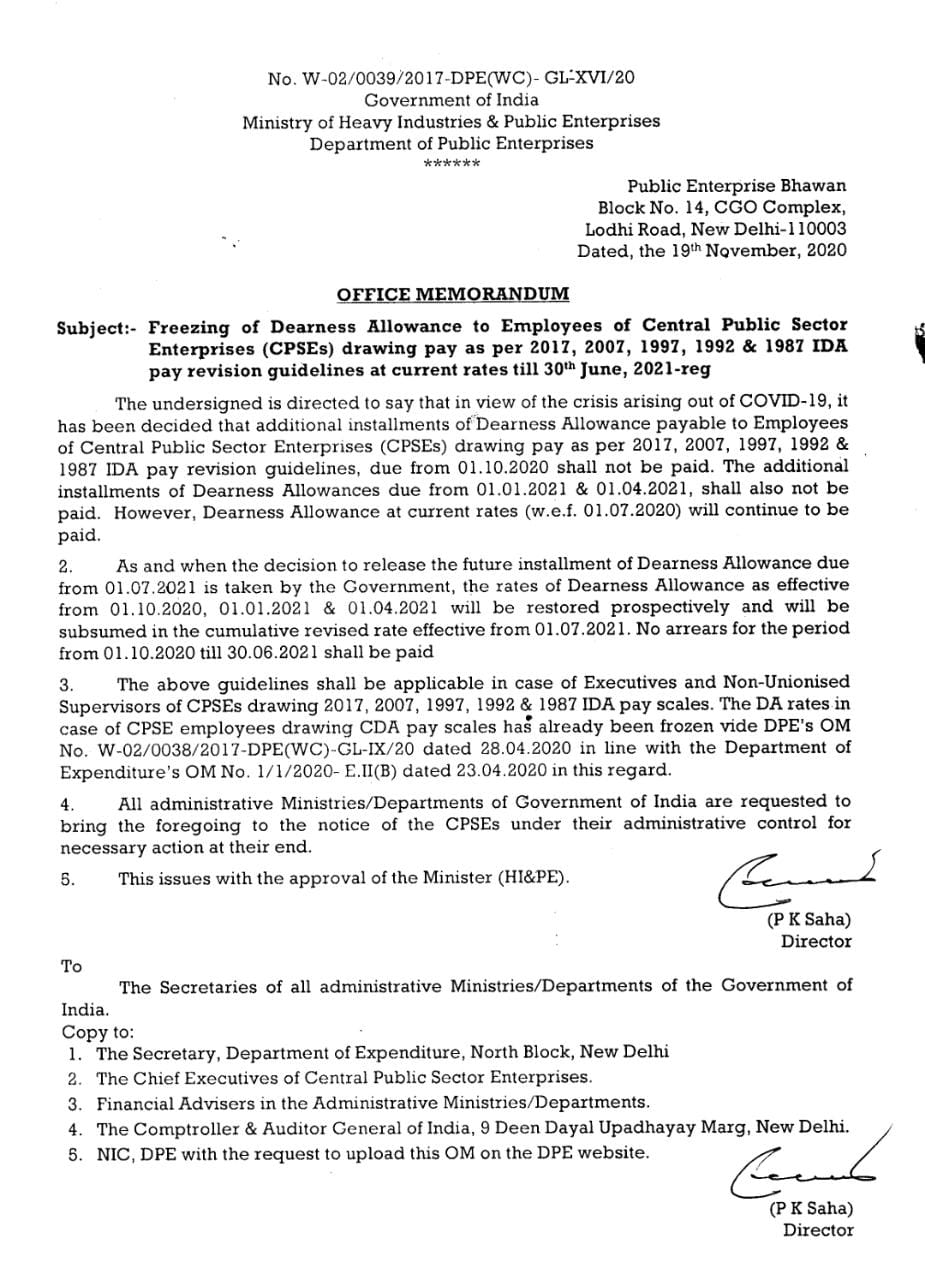 Freezing of Dearness Allowance to Employees of CPSEs drawing pay as per 2017, 2007, 1997, 1992 & 1987 IDA pay revision guidelines at current rates till 30 June, 2021