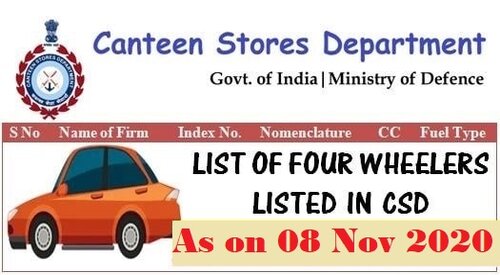 List of Four Wheelers – Diesel/Petrol Car, Jeep, SUV etc. listed in CSD as on 08.11.2020