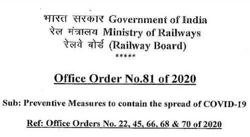 Preventive Measures to contain the spread of COVID-19 – Carelessness has been viewed Seriously: Railway Board Office Order