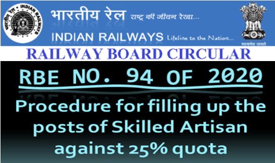 Procedure for filling up the posts of Skilled Artisan against 25% quota: Railway Board Order RBE No. 94/2020